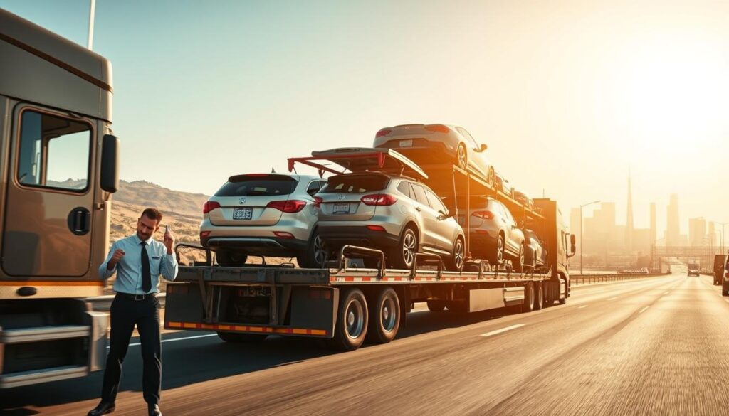 A dynamic scene depicting the vehicle transport process, showcasing a large car carrier truck loaded with several vehicles securely fastened. In the foreground, a professional driver in smart attire inspects the truck, ensuring everything is ready for transport. In the middle, the carrier is situated on a busy highway, with a diverse backdrop of sprawling Texas landscapes transitioning to the urban skyline of Los Angeles in the distance. Bright sunlight casts warm tones across the scene, emphasizing early morning or late afternoon lighting. The image should have a slight perspective angle to highlight the scale of the truck and vehicles, creating a sense of action and reliability. The overall mood is informative and professional, capturing the essence of reliable car shipping services.
