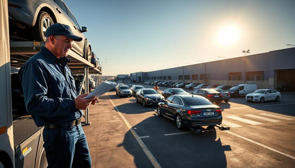 A dynamic scene illustrating the auto transport process in a bustling transport hub. In the foreground, a professional vehicle transport driver in a blue uniform checks a clipboard next to a car on a multi-level auto transport carrier. The middle ground features a diverse range of vehicles, including sedans and SUVs, securely loaded and ready for shipment. In the background, industrial buildings and loading docks are subtly illuminated by the afternoon sun, casting long shadows. The atmosphere conveys efficiency and professionalism, with clear skies creating a bright, optimistic mood. A wide-angle view captures the entire environment, showcasing the scale of operations and the systematic nature of the car shipping process.