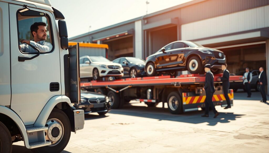 A dynamic scene illustrating the vehicle transport process for car shipping, focusing on a busy transport yard. In the foreground, a well-organized truck is loading vehicles onto its flatbed, with a professional driver in a neatly pressed uniform, checking the safety straps. The middle ground features several high-quality cars awaiting transport, parked orderly and shining under bright daylight. In the background, a modern warehouse and loading dock are present, with workers in business attire coordinating logistics. The scene should be well-lit, capturing a sense of urgency and efficiency, perhaps with a slight perspective from a low angle to emphasize the scale of the operation. The mood conveys professionalism and reliability in the vehicle transport industry.