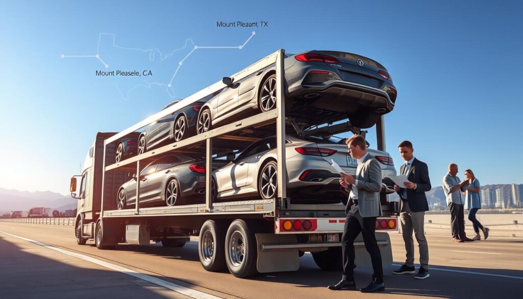 A dynamic scene of a car transport logistics hub, showcasing an auto transport truck loaded with vehicles ready for shipment. In the foreground, focus on the truck, gleaming under bright sunlight, with a variety of cars, including a sedan and an SUV, secured on the trailer. In the middle ground, depict workers in professional attire efficiently organizing the shipping process, reviewing documents and communicating via headsets. The background features a clear blue sky and a stylized map outlining the route from Mount Pleasant, TX to Los Angeles, CA, blending into a horizon that hints at mountains and urban landscapes. The atmosphere is vibrant and busy, capturing the ease and professionalism of car shipping logistics. Soft shadows and natural light enhance the scene’s clarity and focus. A dynamic scene of a car transport logistics hub, showcasing an auto transport truck loaded with vehicles ready for shipment. In the foreground, focus on the truck, gleaming under bright sunlight, with a variety of cars, including a sedan and an SUV, secured on the trailer. In the middle ground, depict workers in professional attire efficiently organizing the shipping process, reviewing documents and communicating via headsets. The background features a clear blue sky and a stylized map outlining the route from Mount Pleasant, TX to Los Angeles, CA, blending into a horizon that hints at mountains and urban landscapes. The atmosphere is vibrant and busy, capturing the ease and professionalism of car shipping logistics. Soft shadows and natural light enhance the scene’s clarity and focus.