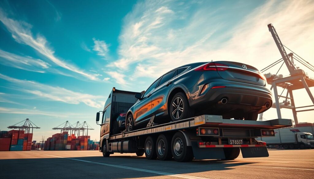 A dynamic scene showcasing vehicle shipping in an industrial setting. In the foreground, a large car carrier truck is loading several vehicles, including a shiny sedan and an SUV, highlighting the careful handling of the cars. The middle ground features a busy shipping terminal with containers and cranes, emphasizing logistics in action. The background reveals a clear blue sky with wispy clouds, suggesting a pleasant day. Soft sunlight casts warm tones across the scene, creating a professional atmosphere. The composition is captured from a low angle, focusing on the movement of the vehicles while keeping the bustling operation in view, conveying the importance of professional vehicle transport in ensuring safe and efficient shipping.