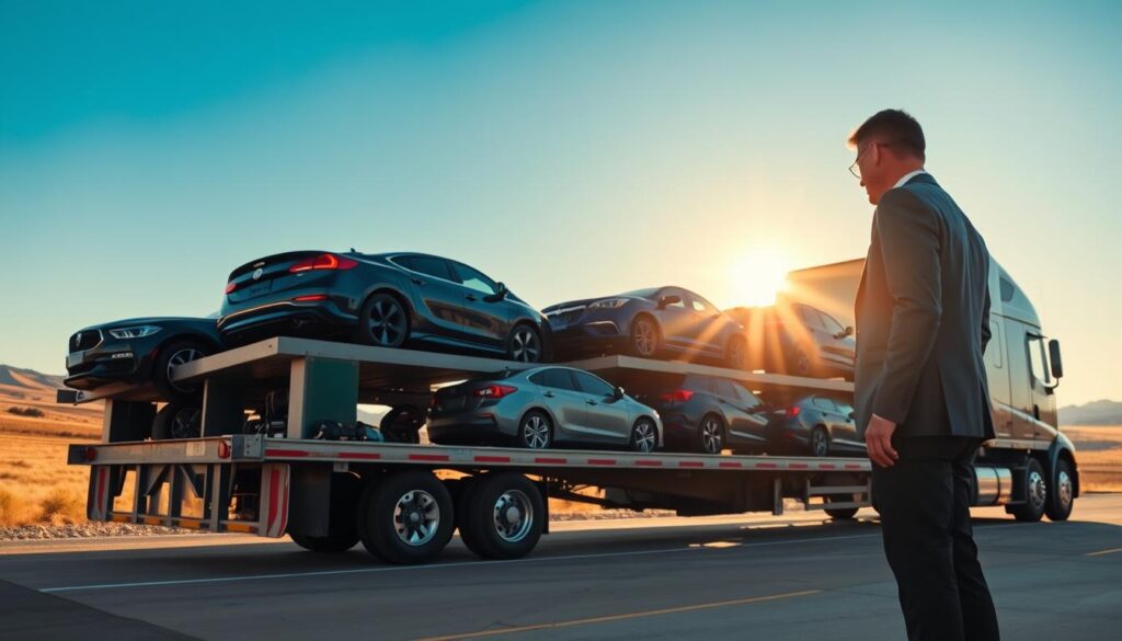 A large car shipping truck loaded with various vehicles, including sedans and SUVs, parked at a loading dock in Pampa, Texas. In the foreground, showcase a well-dressed professional inspecting the vehicles, embodying reliability and trustworthiness. The middle ground features the truck with the sun glinting off its polished surface under a clear blue sky, emphasizing the efficiency of the shipping process. In the background, distant hills under the warm afternoon sunlight create an inviting atmosphere. The lens captures the scene from a slightly low angle to highlight the truck and vehicles, conveying a sense of scale and professionalism. The overall mood is one of dependability and assurance, perfect for showcasing reliable car shipping services. A large car shipping truck loaded with various vehicles, including sedans and SUVs, parked at a loading dock in Pampa, Texas. In the foreground, showcase a well-dressed professional inspecting the vehicles, embodying reliability and trustworthiness. The middle ground features the truck with the sun glinting off its polished surface under a clear blue sky, emphasizing the efficiency of the shipping process. In the background, distant hills under the warm afternoon sunlight create an inviting atmosphere. The lens captures the scene from a slightly low angle to highlight the truck and vehicles, conveying a sense of scale and professionalism. The overall mood is one of dependability and assurance, perfect for showcasing reliable car shipping services.