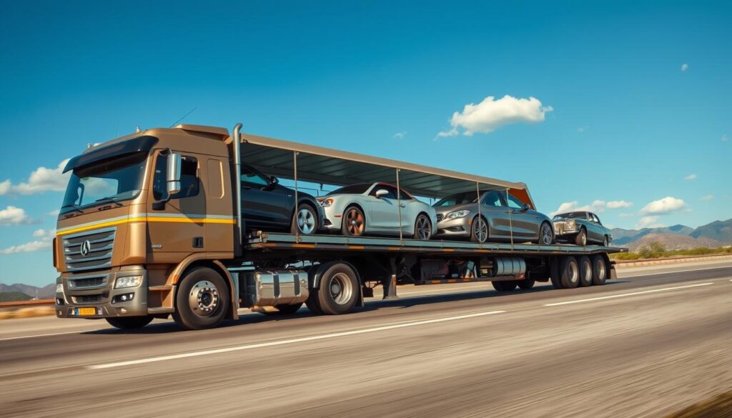 A large, open-car transport truck traveling on a sunlit highway, showcasing several vehicles securely loaded on the flatbed. In the foreground, the truck is in sharp focus, emphasizing its robust design and shiny exterior. The middle ground captures the diverse array of cars being transported, including sedans, SUVs, and a vintage convertible, all visible from an angle that highlights their features. The background features a clear blue sky with a few fluffy clouds and distant mountains, conveying a sense of journey. The lighting is bright and inviting, suggesting a warm afternoon. The overall mood is one of reliability and efficiency in the vehicle transport process, encapsulating the essence of auto transport services. A large, open-car transport truck traveling on a sunlit highway, showcasing several vehicles securely loaded on the flatbed. In the foreground, the truck is in sharp focus, emphasizing its robust design and shiny exterior. The middle ground captures the diverse array of cars being transported, including sedans, SUVs, and a vintage convertible, all visible from an angle that highlights their features. The background features a clear blue sky with a few fluffy clouds and distant mountains, conveying a sense of journey. The lighting is bright and inviting, suggesting a warm afternoon. The overall mood is one of reliability and efficiency in the vehicle transport process, encapsulating the essence of auto transport services.