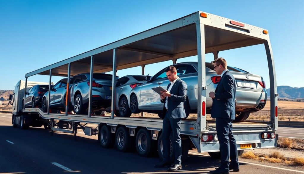 A long distance auto transport scene depicting a professional car shipping process. In the foreground, a well-maintained car carrier truck is loaded with vehicles, showcasing various models secured with protective straps. The middle ground features a team of two individuals in professional business attire, inspecting the vehicles and communicating using a clipboard, emphasizing their expertise. In the background, a clear blue sky meets a distant highway, with rolling hills and sparse vegetation symbolizing the journey from Temple, TX to Los Angeles. The lighting is bright and natural, casting soft shadows, portraying a trustworthy and efficient atmosphere. The angle captures both the truck and the individuals, highlighting the meticulous care involved in the car transport process.