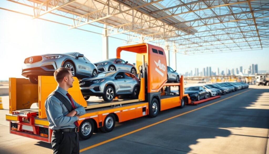 A modern auto transport company scene, showcasing a brightly colored transport truck loaded with vehicles, parked in a vast warehouse facility. In the foreground, a professional driver in business attire, inspecting the vehicles on the truck, exuding confidence and attention to detail. In the middle, rows of pristine cars ready for shipping, reflecting sunlight, emphasizing their value and the care taken in transportation. The background features a clear blue sky and distant cityscape, symbolizing the journey from Mount Pleasant, TX to Los Angeles. Soft natural lighting enhances the professional atmosphere, with a slight lens blur on the edges to draw focus on the driver and the transport truck. The mood is optimistic and efficient, conveying trust and reliability in vehicle transport services. A modern auto transport company scene, showcasing a brightly colored transport truck loaded with vehicles, parked in a vast warehouse facility. In the foreground, a professional driver in business attire, inspecting the vehicles on the truck, exuding confidence and attention to detail. In the middle, rows of pristine cars ready for shipping, reflecting sunlight, emphasizing their value and the care taken in transportation. The background features a clear blue sky and distant cityscape, symbolizing the journey from Mount Pleasant, TX to Los Angeles. Soft natural lighting enhances the professional atmosphere, with a slight lens blur on the edges to draw focus on the driver and the transport truck. The mood is optimistic and efficient, conveying trust and reliability in vehicle transport services.