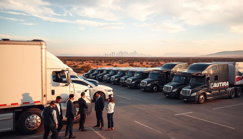 A modern auto transport company scene showcasing transport trucks loaded with cars, parked neatly in a spacious, well-organized lot. In the foreground, a professional, diverse team of employees in business attire is inspecting the vehicles, demonstrating attention to detail and professionalism. The middle ground features a fleet of shiny transport vehicles ready for cross-country shipping, with company logos clearly displayed on the sides. In the background, an expansive Texas landscape transitions into a scenic California vista, symbolizing the journey from Kerrville TX to Los Angeles. Soft afternoon sunlight casts warm, inviting tones across the scene, creating a sense of reliability and ease, with a focus on customer service and professionalism.