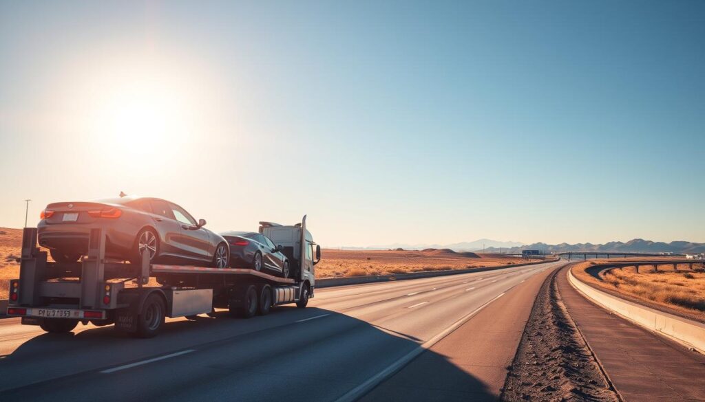A modern auto transport truck, capturing the essence of professional car shipping services, parked alongside an open freeway. In the foreground, the truck is loaded with multiple vehicles, showcasing a variety of cars secured safely on the transport trailer. The middle ground features a clear blue sky, with the sun casting warm, golden light that highlights the shiny surfaces of the vehicles. In the background, distant hills fade into the horizon, representing the journey from Greenville, TX to Los Angeles. The scene conveys a sense of reliability and efficiency, emphasizing a professional service in the car shipping industry. The perspective is slightly elevated, providing a comprehensive view of both the transport truck and the scenic highway. No human figures are present, focusing entirely on the transport vehicles and the inviting landscape.