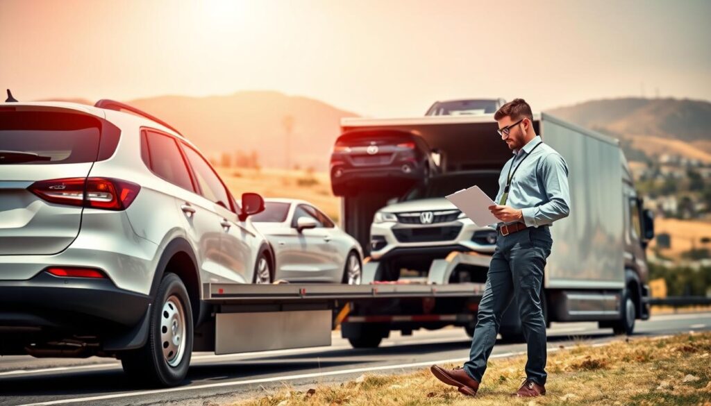 A modern car transport truck carrying a variety of vehicles, including sedans and SUVs, on a sunny day. In the foreground, the truck is parked on a neat roadside, highlighting the expertly loaded cars and their secure straps. The middle ground shows a professional driver in modest casual clothing, inspecting the vehicles with a clipboard in hand, showcasing the care taken in the vehicle transport process. In the background, rolling hills and distant cityscape representing Los Angeles create a vibrant backdrop. The scene is illuminated by bright, natural sunlight, enhancing the colors of the vehicles and the truck. The overall atmosphere conveys professionalism and reliability in vehicle transport, emphasizing the efficiency and safety of the car shipping process. A modern car transport truck carrying a variety of vehicles, including sedans and SUVs, on a sunny day. In the foreground, the truck is parked on a neat roadside, highlighting the expertly loaded cars and their secure straps. The middle ground shows a professional driver in modest casual clothing, inspecting the vehicles with a clipboard in hand, showcasing the care taken in the vehicle transport process. In the background, rolling hills and distant cityscape representing Los Angeles create a vibrant backdrop. The scene is illuminated by bright, natural sunlight, enhancing the colors of the vehicles and the truck. The overall atmosphere conveys professionalism and reliability in vehicle transport, emphasizing the efficiency and safety of the car shipping process.