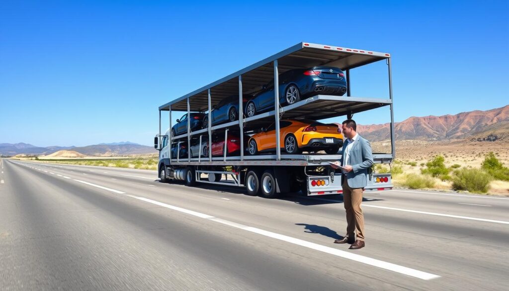 A modern car transport truck is parked on a wide highway under a bright blue sky, with a clear view of the landscape transitioning from the lush greenery of Greenville, TX, to the arid terrain near Los Angeles. The truck's trailer is loaded with a variety of sleek, colorful cars securely strapped down, showcasing the efficiency of cross-country transport. In the foreground, a professional logistics worker in smart casual attire stands next to the truck, reviewing transport documents on a clipboard. The middle ground features rolling hills and a gradient of changing scenery, hinting at the journey ahead. The lighting is bright and cheerful, simulating a sunny day, with a focus on clarity and detail, ideally shot from a slightly low angle to emphasize the stature of the transport truck. The atmosphere conveys reliability and professionalism in auto shipping.