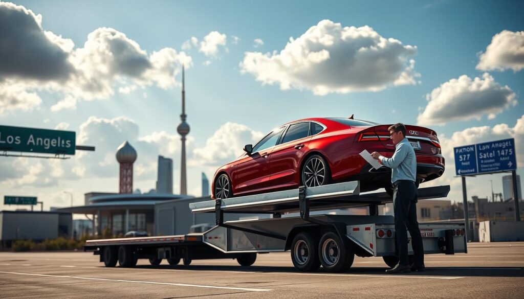 A modern, reliable auto transport scene illustrating car shipping from Texarkana TX to Los Angeles. In the foreground, a sleek, enclosed transport truck loaded with a shiny red sedan is parked at a Texarkana shipping yard. The driver, dressed in smart casual clothing, examines a shipping document. The middle ground features a clear, sunny sky with vibrant blue hues and fluffy white clouds, casting soft lighting over the scene. In the background, iconic Texarkana landmarks subtly evoke the local area, while highway signs suggest the route to Los Angeles. The atmosphere conveys professionalism and trust, accentuating the reliability of the car transport service. The composition should focus on clarity and detail, presenting a harmonious blend of automotive and geographical elements.