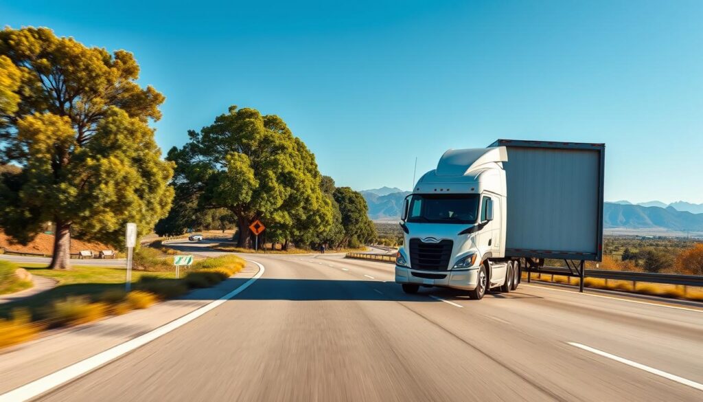A modern transport truck driving along a scenic highway, symbolizing reliable vehicle transport from Nacogdoches to Los Angeles. In the foreground, the truck is prominently displayed, with its sleek design showcasing the brand logo and a spacious cargo area. The middle ground features a well-maintained road lined with lush green trees and occasional roadside signs. In the background, distant mountains under a clear blue sky emphasize the journey aspect. The lighting is bright and sunny, enhancing the feeling of trust and dependability. The angle is slightly low, showcasing the truck's robust frame and emphasizing its role in dependable vehicle shipping. The mood is optimistic, evoking a sense of security and efficiency in the car shipping process. A modern transport truck driving along a scenic highway, symbolizing reliable vehicle transport from Nacogdoches to Los Angeles. In the foreground, the truck is prominently displayed, with its sleek design showcasing the brand logo and a spacious cargo area. The middle ground features a well-maintained road lined with lush green trees and occasional roadside signs. In the background, distant mountains under a clear blue sky emphasize the journey aspect. The lighting is bright and sunny, enhancing the feeling of trust and dependability. The angle is slightly low, showcasing the truck's robust frame and emphasizing its role in dependable vehicle shipping. The mood is optimistic, evoking a sense of security and efficiency in the car shipping process.