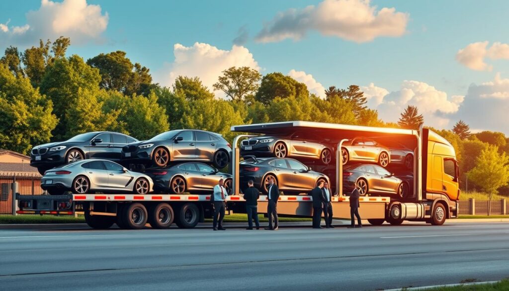 A modern vehicle transport scene showcasing professional auto transport services in East Grand Rapids, Michigan. In the foreground, a sleek transport truck loaded with various cars, including sedans and SUVs, parked on a well-maintained roadside. In the middle, a diverse group of workers in business attire managing the loading process with precision. Behind them, a lush landscape of greenery and trees, reflecting an inviting, suburban environment. The background features a clear blue sky with soft, fluffy clouds, enhancing the sense of professionalism and tranquility. The lighting is warm and inviting, simulating late afternoon sunlight, casting gentle shadows and highlighting the vehicles' sleek designs. The atmosphere is dynamic yet organized, symbolizing reliability and efficiency in vehicle transportation.