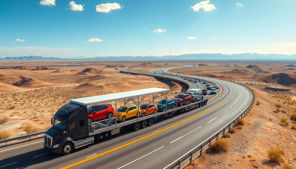 A panoramic view depicting an auto transport route overview from Victoria, TX to Los Angeles. In the foreground, a sleek auto transport truck loaded with several vehicles, showcasing a variety of cars in vibrant colors. The middle ground features an expansive highway snaking through varied landscapes, including arid deserts and gentle hills, symbolizing the journey ahead. The background showcases a distant horizon with mountains under a clear blue sky, enhanced by warm sunlight that casts soft shadows, creating depth. The scene is lively and subtly dynamic, evoking a sense of progress and safety, with a few scattered clouds for added texture. The overall mood reflects professionalism and reliability in the car shipping industry.