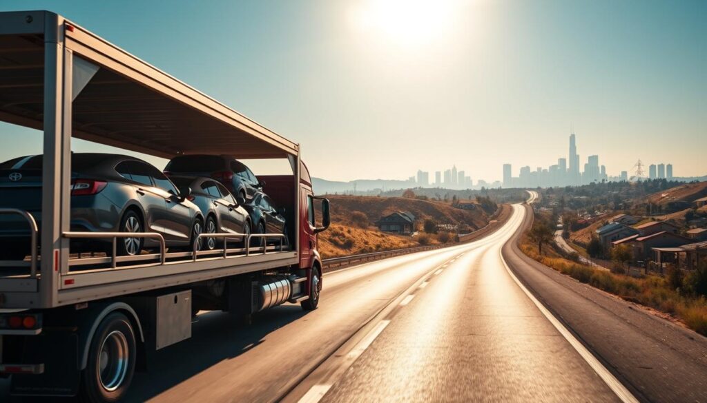 A panoramic view showcasing a vehicle transport scene on a sunlit highway that stretches from Corsicana, Texas to Los Angeles, California. In the foreground, a sleek truck with an open car carrier, featuring multiple cars securely loaded, symbolizing efficient car shipping. The middle ground reveals a smooth road gently winding through picturesque landscapes, dotted with Southern-style homes and rolling hills. In the background, the iconic silhouette of Los Angeles can be seen, with its modern skyline beneath a bright blue sky. The lighting is warm and inviting, reminiscent of late afternoon, casting soft shadows to enhance depth. The atmosphere is professional and optimistic, conveying the ease of car shipping from one location to another.