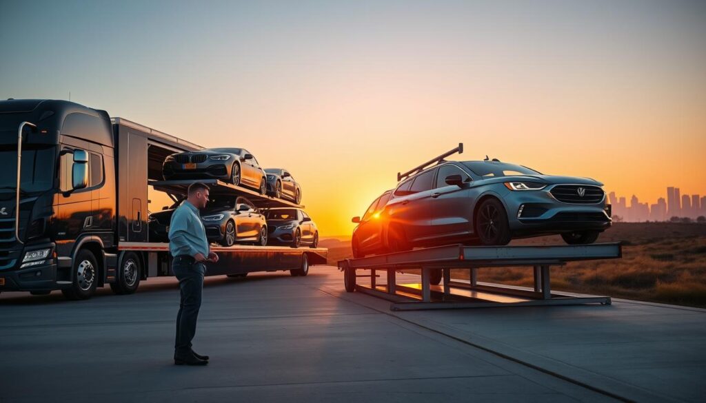 A professional auto transport company scene depicting a sleek transport truck loaded with several cars, prominently showcasing its fleet. In the foreground, a driver in a business casual outfit inspects the cars, symbolizing care and attention to detail. The middle ground features the transport vehicle on a well-designed loading dock, with a vibrant sunset illuminating the scene, casting warm tones across the landscape. The background reveals a clear sky transitioning to twilight as the Los Angeles skyline emerges on the horizon, suggesting reliability and a connection between Temple, TX and Los Angeles. The overall atmosphere should convey trust, professionalism, and efficiency, with a focus on showcasing the robust transport service in action.