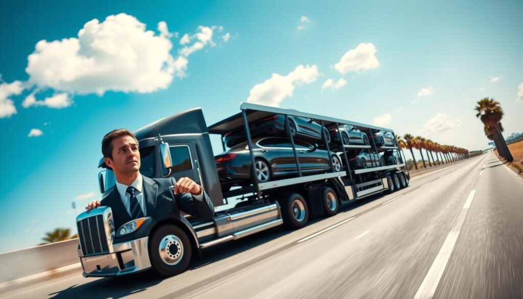 A professional auto transport scene depicting a sleek, modern car carrier truck loaded with luxury vehicles on an open highway. In the foreground, show a well-dressed driver in smart business attire confidently operating the truck, with a focus on their attentive expression. The middle ground features the truck navigating a sunny route lined with palm trees, symbolizing the journey from Baytown to Los Angeles. In the background, a vibrant blue sky with a few fluffy clouds adds to the optimistic mood. The angle is slightly elevated to capture the breadth of the transport scene, with bright lighting that emphasizes the professionalism and reliability of the auto transport service. The overall atmosphere is trustworthy and inviting, encouraging viewers to appreciate the importance of professional auto shipping services.