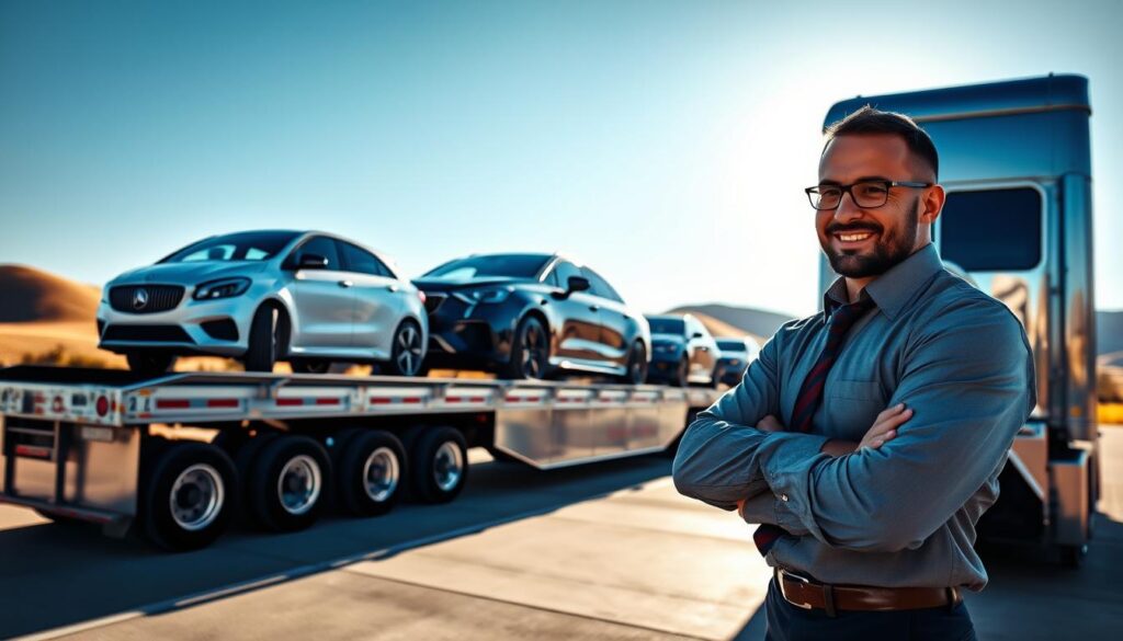 A professional auto transport scene depicting a sleek, modern car carrier truck parked in a sunlit area, showcasing several luxury vehicles securely loaded on its trailer. In the foreground, a friendly, professional driver in business attire is inspecting the car's tie-downs, demonstrating attention to detail and care. The middle ground reveals the truck with its shiny metallic surface reflecting the clear blue sky, while in the background, rolling hills of Seguin, Texas, are visible under warm, soft sunlight, signifying the journey to Los Angeles. The atmosphere conveys reliability and professionalism, with a focus on safe and efficient car shipping services. Use a slightly elevated angle to capture the entire scene with a wide lens, enhancing the spaciousness and vibrant colors. A professional auto transport scene depicting a sleek, modern car carrier truck parked in a sunlit area, showcasing several luxury vehicles securely loaded on its trailer. In the foreground, a friendly, professional driver in business attire is inspecting the car's tie-downs, demonstrating attention to detail and care. The middle ground reveals the truck with its shiny metallic surface reflecting the clear blue sky, while in the background, rolling hills of Seguin, Texas, are visible under warm, soft sunlight, signifying the journey to Los Angeles. The atmosphere conveys reliability and professionalism, with a focus on safe and efficient car shipping services. Use a slightly elevated angle to capture the entire scene with a wide lens, enhancing the spaciousness and vibrant colors.