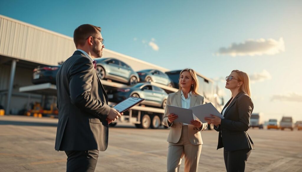 A professional auto transport scene featuring a modern car carrier truck, loaded with vehicles, parked in a spacious transport hub in Victoria, TX. In the foreground, there are two well-dressed professionals, a man and a woman, engaged in a discussion about logistics, with a clipboard and a laptop in hand. The middle of the image showcases the sleek lines of the carrier truck with bright colors under soft afternoon sunlight, highlighting the reflections on the cars. In the background, a clear blue sky with a few fluffy clouds adds to the serene atmosphere of a busy yet organized transport facility. The composition should emphasize safety and professionalism, with a warm, inviting mood. Capture this scene from a dynamic angle, showcasing depth and perspective.