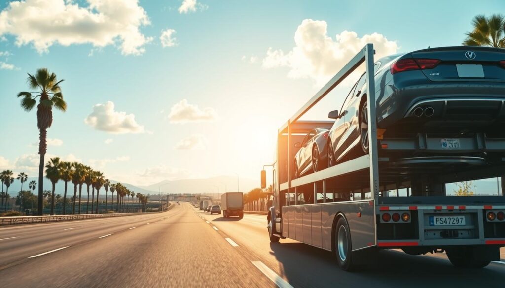 A professional auto transport scene showcasing a sleek, modern car carrier truck loaded with vehicles, driving along a sunlit highway from Duncanville to Los Angeles. In the foreground, the truck is prominently displayed, with gleaming cars securely strapped on the trailer. The middle ground features an expansive road lined with palm trees, capturing the transition from a suburban environment to a bustling cityscape. The background includes a clear blue sky with soft, fluffy clouds and distant mountains, emphasizing the journey. The scene is bathed in warm daylight, creating a vibrant atmosphere. Use a wide-angle perspective to capture the energy of the transport process, focusing on safety and professionalism in auto shipping.