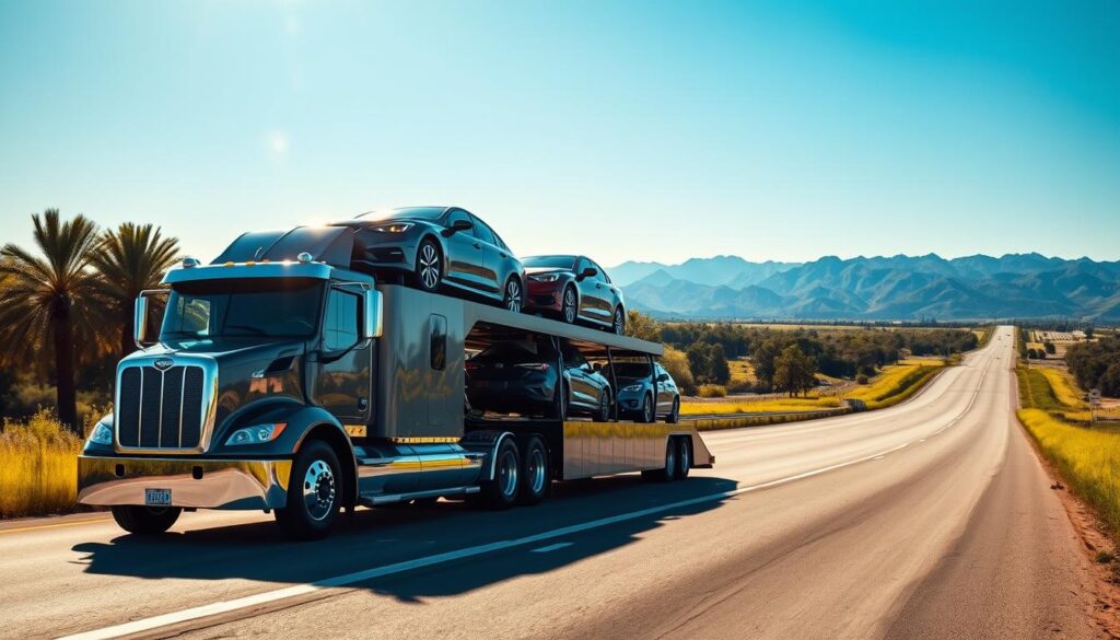 A professional auto transport scene showcasing a sleek, modern car carrier truck loaded with vehicles, parked on a sunny highway stretching from Corsicana, TX to Los Angeles. In the foreground, the truck is depicted in sharp detail, with glistening vehicles strapped securely on top. The middle ground features vibrant greenery and a clear blue sky, emphasizing the smooth journey of vehicle transport. The background captures distant mountains under bright sunlight, symbolizing the long road ahead. Soft, natural lighting bathes the scene, creating a sense of reliability and peace. The atmosphere conveys professionalism and trust, ideal for effective car shipping services. No text or human subjects present.