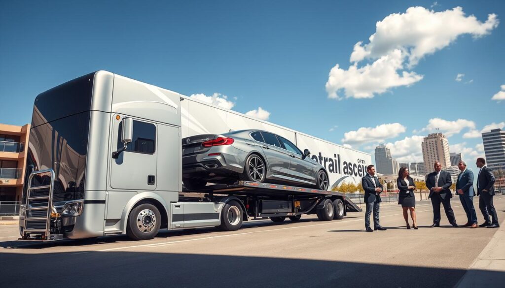 A professional auto transport scene showcasing a sleek, modern car carrier truck parked in a bustling, sunny urban environment. In the foreground, the truck is elegantly designed, highlighting intricate details of the carrier and a luxury sedan being loaded onto it. The middle ground features a diverse group of professionals in smart business attire, discussing logistics and ensuring a smooth transport process. In the background, a clear blue sky with a few fluffy clouds complements the buildings of Cedar Park transitioning to scenes reminiscent of Los Angeles. The lighting is bright and inviting, conveying a sense of trust and reliability. The angle captures a dynamic view, emphasizing the professional atmosphere and commitment to quality service in car shipping.