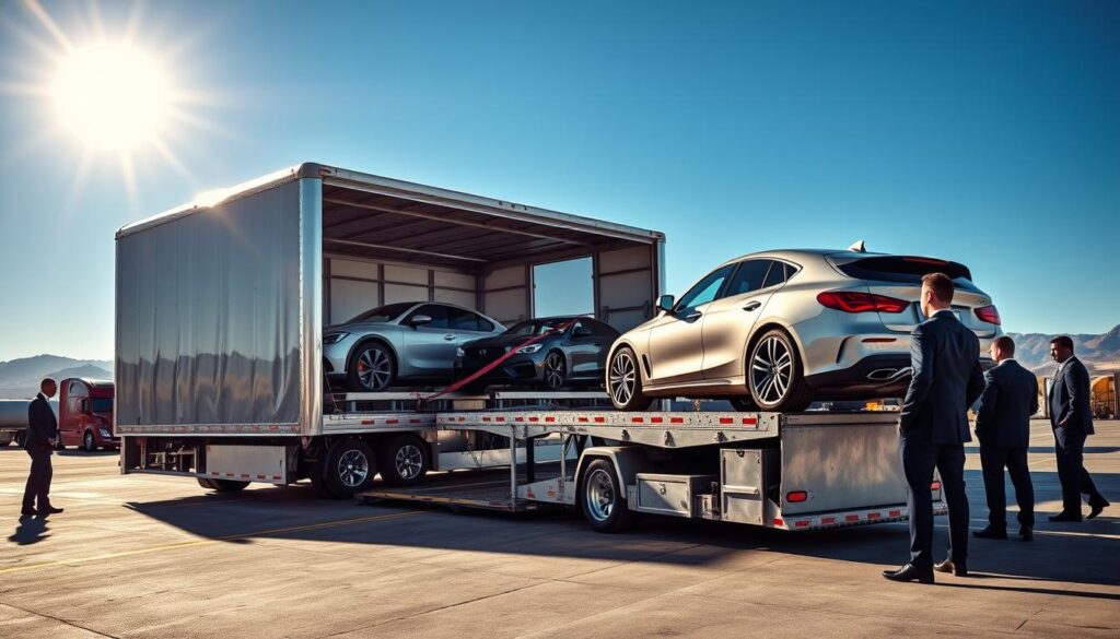 A professional auto transport service scene showcasing a shiny, enclosed car carrier truck in the foreground, meticulously loaded with luxury vehicles secured with straps. The middle ground features a well-organized logistics yard with workers in smart business attire efficiently overseeing the loading process, emphasizing their professionalism and reliability. In the background, a clear blue sky reflects bright sunlight, enhancing the vibrant colors of the scenery, with distant mountains hinting at the journey from Marble Falls to Los Angeles. The composition should be captured with a wide-angle lens, conveying a sense of spaciousness and order. The atmosphere is one of trust and dependability, making it clear that this service prioritizes the safe transport of vehicles.