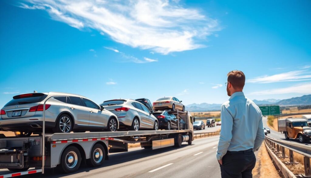 A professional auto transport service scene showcasing a sleek car carrier truck loaded with an assortment of vehicles, including sedans and SUVs, all in pristine condition. In the foreground, a businessperson in professional attire oversees the loading process, ensuring a smooth operation. The middle ground features the truck, with detailed equipment for secure transport, while the background reveals a scenic view of highways leading from Stephenville TX towards Los Angeles, with blue skies and distant mountains suggesting a sunny day. The scene is illuminated with bright, natural daylight that creates a sense of reliability and efficiency. Overall, the mood conveys professionalism and trust in the car shipping process.