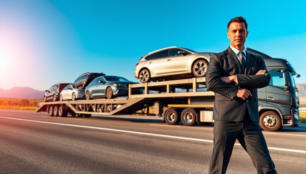 A professional auto transport setting featuring a sleek, modern car carrier loaded with pristine vehicles, showcasing a variety of car types such as sedans, SUVs, and luxury cars. In the foreground, a professional driver wearing a smart uniform stands confidently next to the carrier, overseeing the secure loading of vehicles. The middle ground highlights the well-maintained transport truck on a sunlit highway, with clear blue skies and distant mountains creating a picturesque backdrop. Soft, warm lighting bathes the scene, enhancing the feeling of reliability and professionalism. Capture the essence of a smooth and efficient car shipping process, evoking trust and ease for potential customers. A professional auto transport setting featuring a sleek, modern car carrier loaded with pristine vehicles, showcasing a variety of car types such as sedans, SUVs, and luxury cars. In the foreground, a professional driver wearing a smart uniform stands confidently next to the carrier, overseeing the secure loading of vehicles. The middle ground highlights the well-maintained transport truck on a sunlit highway, with clear blue skies and distant mountains creating a picturesque backdrop. Soft, warm lighting bathes the scene, enhancing the feeling of reliability and professionalism. Capture the essence of a smooth and efficient car shipping process, evoking trust and ease for potential customers.