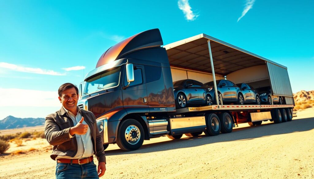 A professional auto transport truck, gleaming and well-maintained, parked in a sunlit desert setting, symbolizing reliability. In the foreground, a friendly, smiling driver in a smart casual outfit stands next to the truck, giving a reassuring thumbs-up. In the middle ground, the truck’s open trailer displays securely fastened cars, ready for transport from Pecos, TX to Los Angeles. The background features a clear blue sky with a few wispy clouds, and distant mountains, conveying a sense of journey and adventure. The overall mood is warm and inviting, emphasizing dependability and friendliness in auto shipping. The scene is well-lit with soft sunlight, captured from a low angle to emphasize the truck's prominence. A professional auto transport truck, gleaming and well-maintained, parked in a sunlit desert setting, symbolizing reliability. In the foreground, a friendly, smiling driver in a smart casual outfit stands next to the truck, giving a reassuring thumbs-up. In the middle ground, the truck’s open trailer displays securely fastened cars, ready for transport from Pecos, TX to Los Angeles. The background features a clear blue sky with a few wispy clouds, and distant mountains, conveying a sense of journey and adventure. The overall mood is warm and inviting, emphasizing dependability and friendliness in auto shipping. The scene is well-lit with soft sunlight, captured from a low angle to emphasize the truck's prominence.