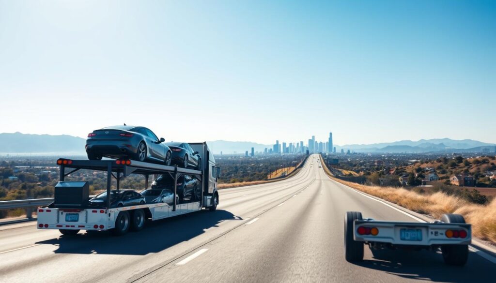 A professional car shipping scene depicting a reliable transport company. In the foreground, a clean, modern car carrier truck, loaded with various vehicles, is parked on a highway. The middle ground features a panoramic view of the open road extending toward Los Angeles, with distant mountains and a clear blue sky. Bright sunlight bathes the scene, casting soft shadows to evoke a sense of reliability and trust. The background shows the iconic Los Angeles skyline, subtly blurred to enhance depth. The mood is optimistic and reassuring, emphasizing the ease of car shipping from Weatherford, TX to Los Angeles. The image should be framed as if taken with a wide-angle lens, showcasing the expanse of the journey ahead. No text or symbols are included.
