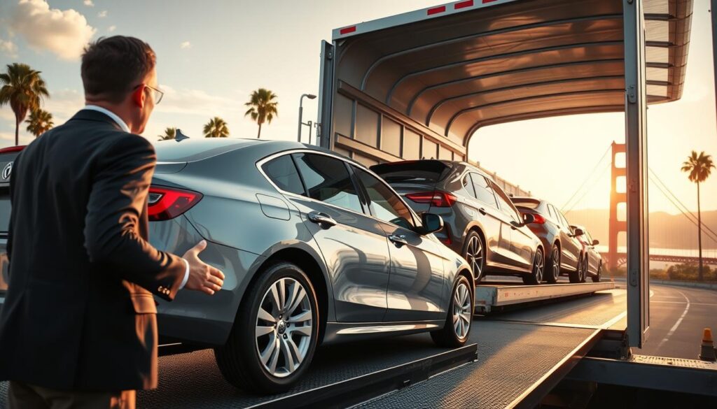 A professional car shipping scene set against a sunny California backdrop, featuring a sleek, well-maintained sedan being loaded onto an open auto transport truck. In the foreground, a friendly, professionally dressed shipping agent gestures towards the vehicle, illustrating the convenience and care involved in the shipping process. The middle ground showcases the transport truck with several cars securely fastened, while the background captures a picturesque California skyline with palm trees and the Golden Gate Bridge. Soft, natural lighting bathes the scene, creating an inviting atmosphere. The angle is slightly elevated, providing a panoramic view of the shipping process, emphasizing the efficiency and professionalism of Ennis TX to Los Angeles car shipping services.