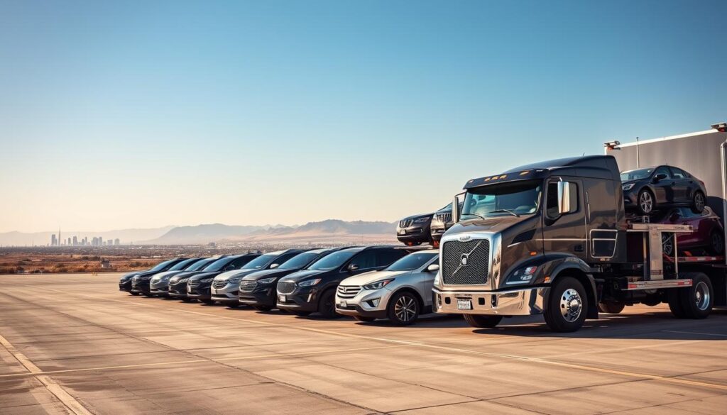 A professional car shipping service in action, featuring a shiny, reliable transport truck loaded with vehicles ready for shipment. In the foreground, the truck is parked in a spacious, organized transport yard with clear blue skies overhead, evoking a sense of trust and efficiency. The middle ground showcases neatly arranged lines of diverse cars, including SUVs and sedans, all under proper tarping for protection. In the background, distant rolling hills and a glimpse of an urban skyline indicate the route to Los Angeles, infusing the scene with a sense of journey and purpose. Soft, natural lighting enhances the colors, while a slight lens effect adds depth, evoking a calm, professional atmosphere conducive to safe transportation. No text or logos. A professional car shipping service in action, featuring a shiny, reliable transport truck loaded with vehicles ready for shipment. In the foreground, the truck is parked in a spacious, organized transport yard with clear blue skies overhead, evoking a sense of trust and efficiency. The middle ground showcases neatly arranged lines of diverse cars, including SUVs and sedans, all under proper tarping for protection. In the background, distant rolling hills and a glimpse of an urban skyline indicate the route to Los Angeles, infusing the scene with a sense of journey and purpose. Soft, natural lighting enhances the colors, while a slight lens effect adds depth, evoking a calm, professional atmosphere conducive to safe transportation. No text or logos.