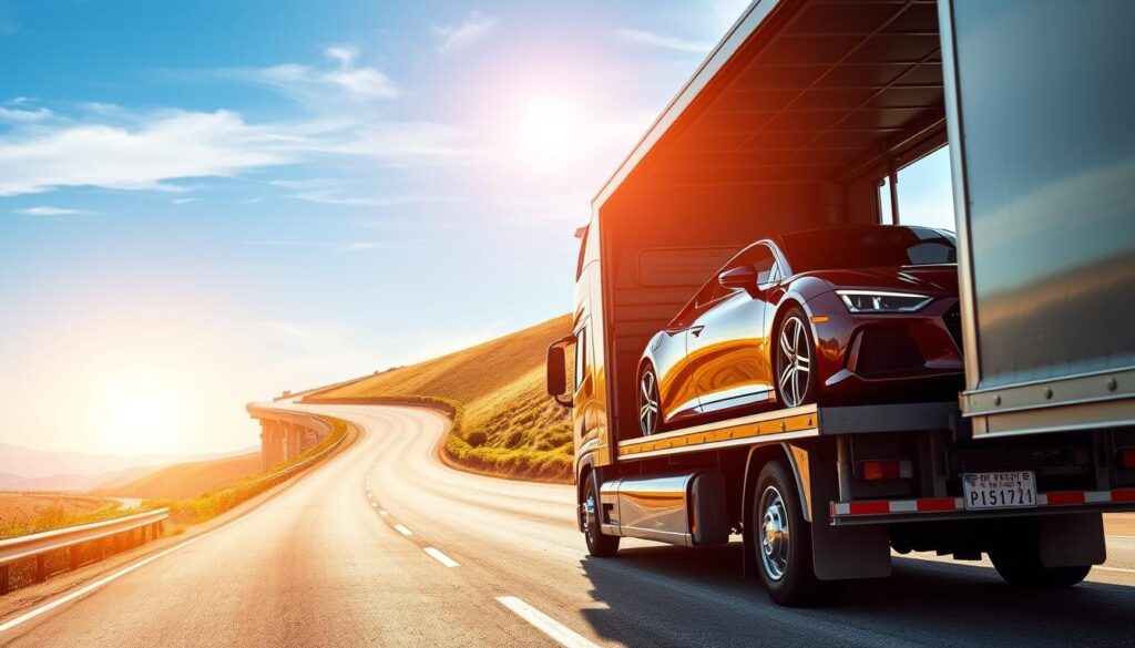 A professional car shipping service in action, featuring a sleek and reliable transport truck loaded with luxury vehicles, set against a scenic backdrop of a clear blue sky and rolling hills, symbolizing the journey from Waxahachie, TX to Los Angeles. In the foreground, emphasize the truck's shiny exterior and securely strapped cars, showcasing the care taken in vehicle transport. In the middle ground, depict a winding highway bordered by vibrant greenery, reflecting a safe route. The background should include distant mountains and a bright sun casting warm, natural light, evoking a sense of dependability and trust. The overall atmosphere should be optimistic and professional, capturing the essence of reliable car shipping services.