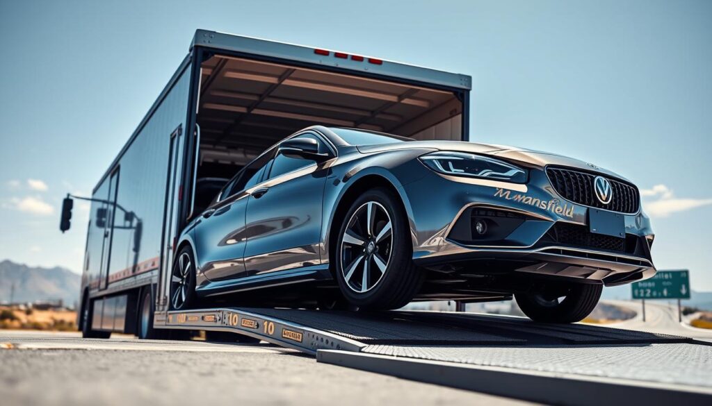 A professional car transport scene depicting a reliable vehicle shipping service. In the foreground, a sleek, shiny car safely loaded onto an open transport truck with secure straps. The middle ground features the transport truck, showcasing its sturdy construction and branding, with additional cars visible in slots. The background reveals a sunny Mansfield skyline blending into the expansive Interstate 10 leading to Los Angeles, symbolizing the journey and connection between the two cities. The lighting is bright and inviting, highlighting the professionalism and trustworthiness of the service. The atmosphere should evoke a sense of reliability and efficiency, with a clear blue sky and minimal clouds, suggesting a smooth transportation experience. The angle is slightly elevated, capturing the truck and surrounding landscape harmoniously. A professional car transport scene depicting a reliable vehicle shipping service. In the foreground, a sleek, shiny car safely loaded onto an open transport truck with secure straps. The middle ground features the transport truck, showcasing its sturdy construction and branding, with additional cars visible in slots. The background reveals a sunny Mansfield skyline blending into the expansive Interstate 10 leading to Los Angeles, symbolizing the journey and connection between the two cities. The lighting is bright and inviting, highlighting the professionalism and trustworthiness of the service. The atmosphere should evoke a sense of reliability and efficiency, with a clear blue sky and minimal clouds, suggesting a smooth transportation experience. The angle is slightly elevated, capturing the truck and surrounding landscape harmoniously.