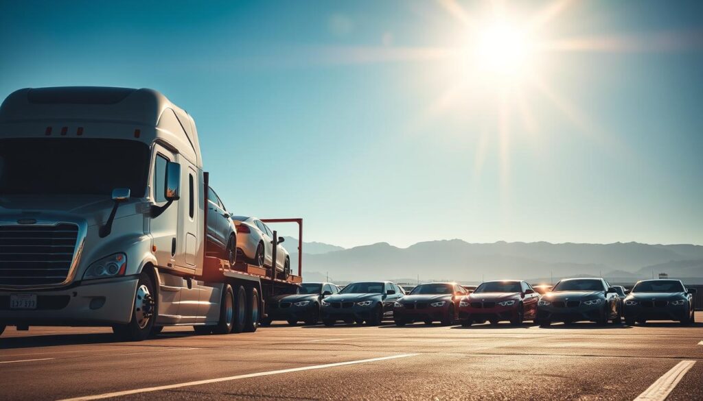 A professional-grade car shipping scene showcasing a sleek, modern car carrier loaded with luxury vehicles, parked in an organized transport yard. In the foreground, the strong silhouette of the truck and carrier takes center stage, glimmering under bright afternoon sunlight. In the middle ground, neatly lined vehicles shimmer in various colors, reflecting the meticulous care taken in shipping. The background features distant mountains and a clear blue sky, exuding a sense of professionalism and tranquility. The atmosphere is one of reliability and trust, emphasizing the expertise of the auto transport service. The lighting is natural and warm, creating an inviting mood, while the angle captures the entire setup from a low point, highlighting the scale and quality of service offered. A professional-grade car shipping scene showcasing a sleek, modern car carrier loaded with luxury vehicles, parked in an organized transport yard. In the foreground, the strong silhouette of the truck and carrier takes center stage, glimmering under bright afternoon sunlight. In the middle ground, neatly lined vehicles shimmer in various colors, reflecting the meticulous care taken in shipping. The background features distant mountains and a clear blue sky, exuding a sense of professionalism and tranquility. The atmosphere is one of reliability and trust, emphasizing the expertise of the auto transport service. The lighting is natural and warm, creating an inviting mood, while the angle captures the entire setup from a low point, highlighting the scale and quality of service offered.
