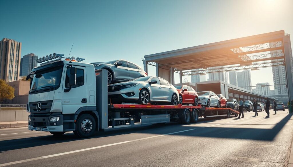 A professional vehicle transport scene depicting a car carrier truck loaded with multiple cars, showcasing a bright afternoon in a bustling urban setting. In the foreground, the truck is parked on a wide road, with sleek cars of various colors carefully secured on the trailer, emphasizing safety and efficiency. In the middle ground, a well-organized loading facility featuring streamlined operations, where workers in professional attire are inspecting vehicles and coordinating logistics, conveys a sense of security and professionalism. The background features skyscrapers and a clear blue sky, enhancing the vibrant atmosphere. Soft sunlight creates dynamic shadows, lending depth and realism to the scene, while the angle focuses on the arrangement of the transport truck, highlighting the car shipping process effectively.