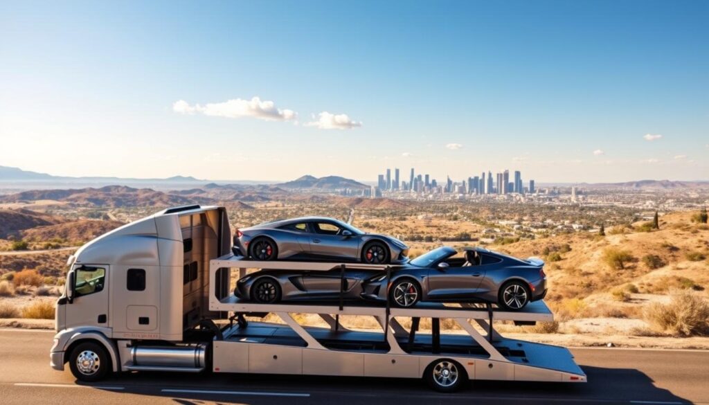 A professional vehicle transport scene depicting a reliable car shipping service transporting vehicles from Andrews, TX to Los Angeles. In the foreground, a pristine, modern car carrier truck with a sleek silver finish is loaded with a collection of luxury vehicles, showcasing two sedans and a sporty coupe, all securely strapped down. The middle ground captures a vast Texas landscape transitioning to a panoramic view of the bustling Los Angeles skyline in the distance, under a clear blue sky adorned with a few fluffy clouds. The background features rolling hills and desert terrain, evoking a sense of journey and reliability. Soft sunlight casts warm, inviting shadows, enhancing the trustworthiness and professionalism of the scene. The image conveys a mood of efficiency, safety, and dependability in vehicle transport.