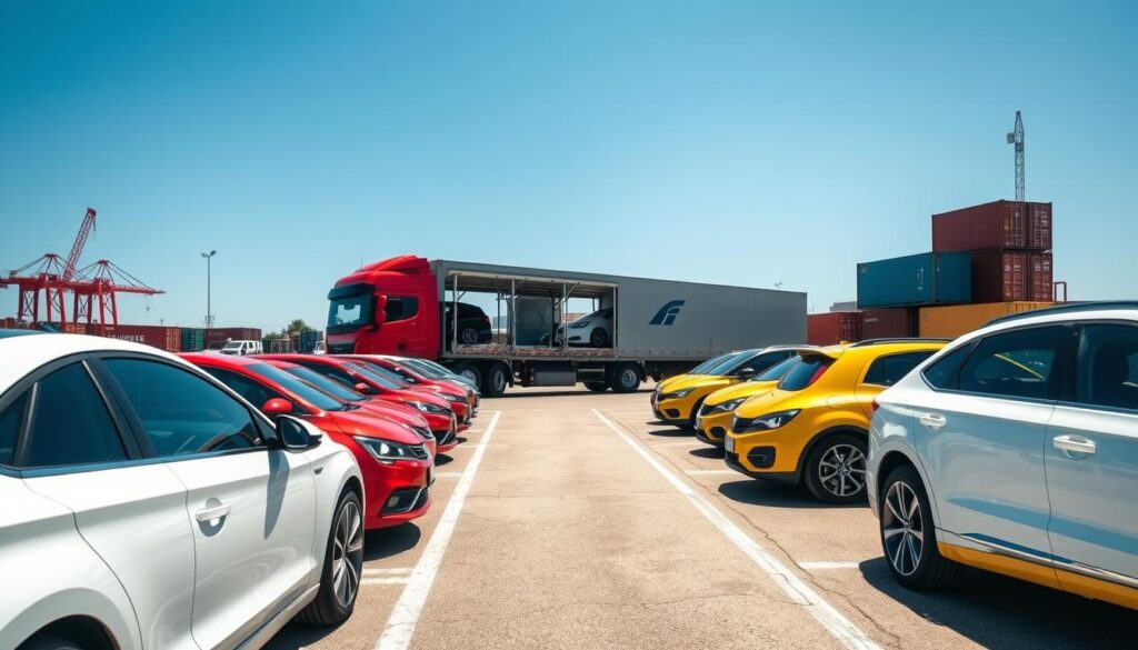 A professional vehicle transport scene showcasing a busy auto shipping yard. In the foreground, several brightly colored cars await loading, lined up neatly on the asphalt, featuring a mix of sedans and SUVs. In the middle ground, a large car carrier truck is positioned with its ramp lowered, ready to accept vehicles, revealing its sleek, modern design. In the background, a clear blue sky complements the sunny day, while cranes and shipping containers add context to the busy environment of Grapevine's transport industry. The lighting is bright and natural, casting soft shadows for an inviting atmosphere. The image exudes professionalism and efficiency, emphasizing safe and reliable car shipping services. Capture a wide-angle shot to provide a comprehensive view of this dynamic operation. A professional vehicle transport scene showcasing a busy auto shipping yard. In the foreground, several brightly colored cars await loading, lined up neatly on the asphalt, featuring a mix of sedans and SUVs. In the middle ground, a large car carrier truck is positioned with its ramp lowered, ready to accept vehicles, revealing its sleek, modern design. In the background, a clear blue sky complements the sunny day, while cranes and shipping containers add context to the busy environment of Grapevine's transport industry. The lighting is bright and natural, casting soft shadows for an inviting atmosphere. The image exudes professionalism and efficiency, emphasizing safe and reliable car shipping services. Capture a wide-angle shot to provide a comprehensive view of this dynamic operation.