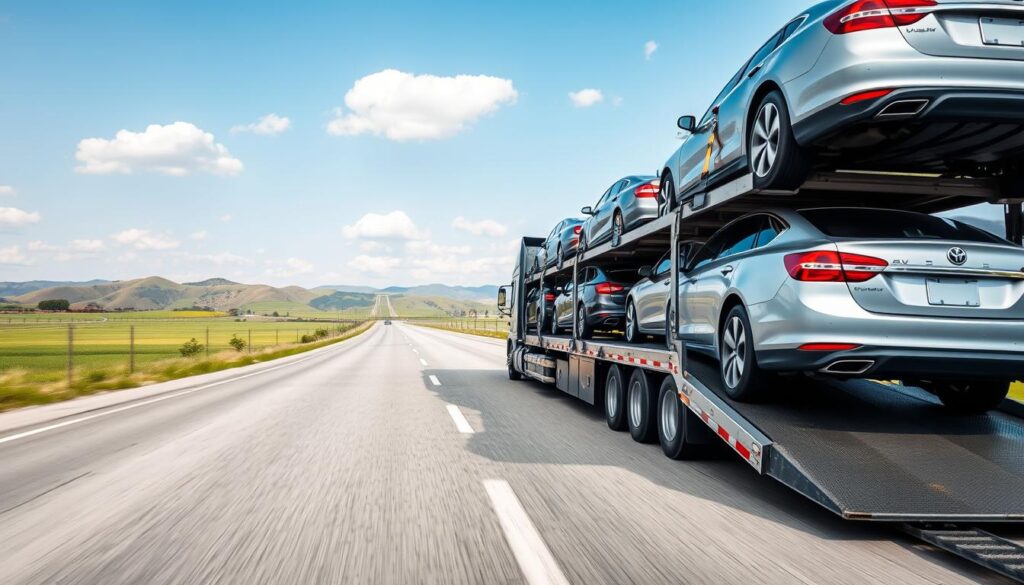 A professional vehicle transport scene showcasing a sleek, modern car carrier loaded with several vehicles, including sedans and SUVs, traveling down a wide highway. In the foreground, details of the car carrier's ramp and straps can be seen securing the vehicles. In the middle ground, a landscape featuring a blend of lush green fields and rolling hills parallels the highway, symbolizing the journey from Palestine, TX to Los Angeles. In the background, a clear blue sky with a few fluffy clouds sets an optimistic and professional tone. The lighting is bright and natural, suggesting a sunny day, capturing the essence of reliable and affordable car shipping services. The angle provides a dynamic perspective of the transport vehicle in motion, emphasizing its role in a seamless transport experience. A professional vehicle transport scene showcasing a sleek, modern car carrier loaded with several vehicles, including sedans and SUVs, traveling down a wide highway. In the foreground, details of the car carrier's ramp and straps can be seen securing the vehicles. In the middle ground, a landscape featuring a blend of lush green fields and rolling hills parallels the highway, symbolizing the journey from Palestine, TX to Los Angeles. In the background, a clear blue sky with a few fluffy clouds sets an optimistic and professional tone. The lighting is bright and natural, suggesting a sunny day, capturing the essence of reliable and affordable car shipping services. The angle provides a dynamic perspective of the transport vehicle in motion, emphasizing its role in a seamless transport experience.