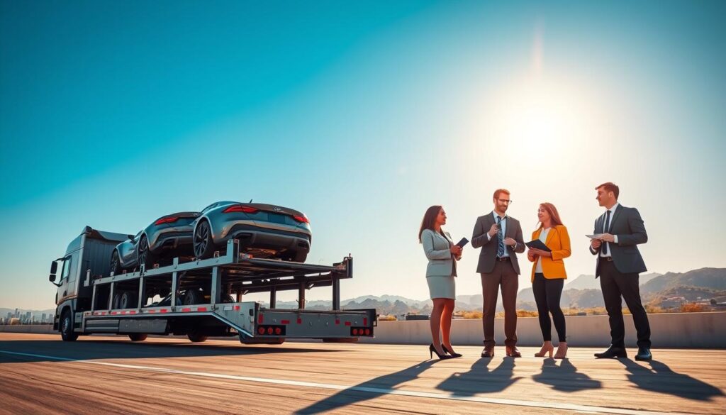 A reliable auto transport scene illustrating a car shipping operation in a sunny outdoor setting, showing a diverse group of four professional individuals in business attire discussing logistics next to a sleek, modern transport truck loaded with vehicles. The foreground features the truck with cars securely strapped, while the middle ground showcases the individuals actively engaged, with clipboards and tablets in hand, conveying a sense of reliability and professionalism. In the background, a clear blue sky merges with distant hills or city skyline, evoking a sense of movement towards Los Angeles. The lighting is bright and natural, suggesting daytime, with a focus on vibrant colors and clean lines to reflect trust and efficiency in the car shipping process.