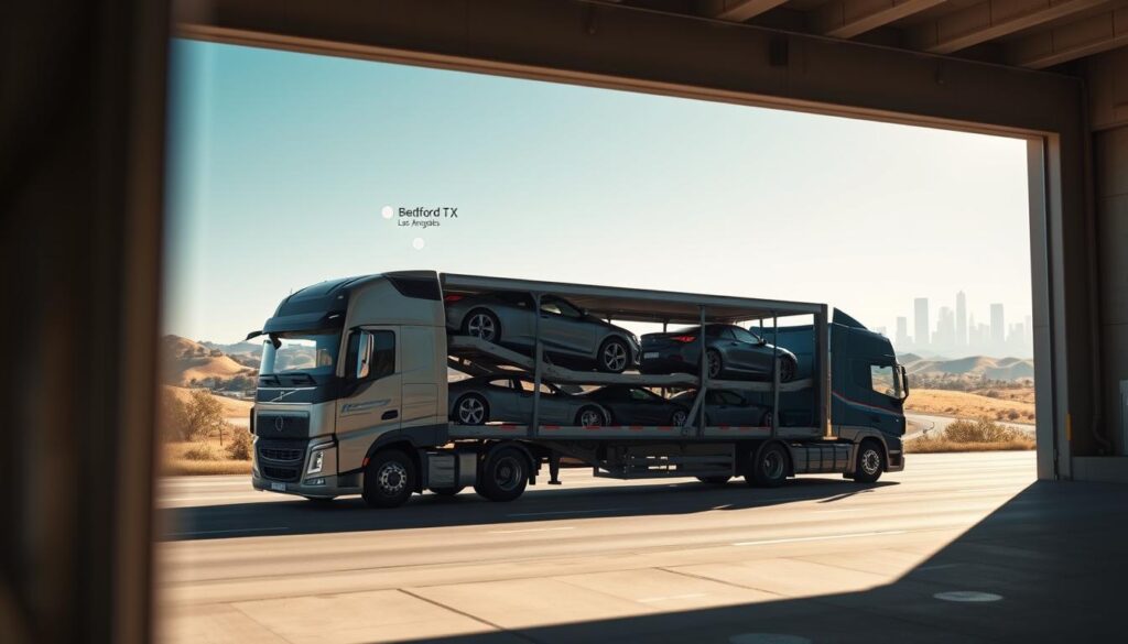 A reliable auto transport service in action, featuring a modern, sleek car carrier truck loaded with vehicles, prominently displayed in the foreground. In the middle ground, a well-organized logistics facility with clear blue skies overhead, showcasing the Bedford TX to Los Angeles route on a digital map. The background includes rolling hills and a faint silhouette of the Los Angeles skyline, evoking a sense of journey and professionalism. Soft natural lighting illuminates the scene, creating a warm and inviting atmosphere. The angle is slightly elevated, framing the transport truck and its cargo securely, while ensuring the focus remains on the efficient operation of the car shipping service. The overall mood reflects trust and reliability in auto transportation.