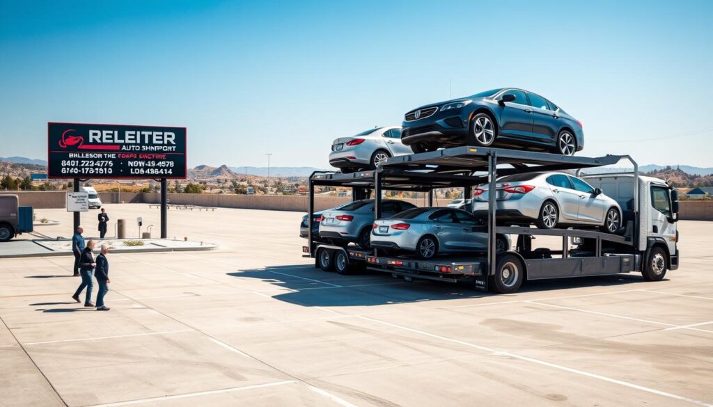 A reliable auto transport service scene showcasing a professional car shipping company in Burleson, TX, preparing vehicles for shipment to Los Angeles. In the foreground, a well-maintained car carrier truck is loaded with several pristine vehicles, including sedans and SUVs, secured and ready for transport. The middle ground features a clean, organized parking lot with company signage and staff in professional attire overseeing the operation. In the background, a clear blue sky meets distant rolling hills, suggesting a scenic route towards Los Angeles. Soft, natural lighting highlights the professionalism of the service, while a slight camera tilt captures the dynamic angles of the truck and vehicles. The atmosphere is one of reliability and efficiency, conveying trust in the car shipping process.