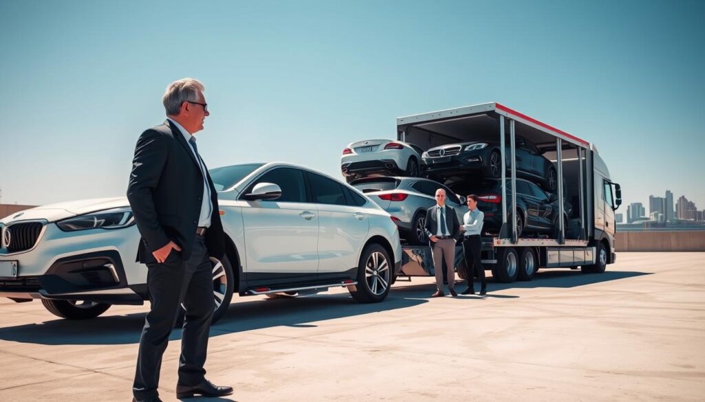 A reliable car shipping scene featuring a sleek, modern transport truck loaded with various cars, including a compact sedan and an SUV, creating a dynamic visual. In the foreground, a well-dressed professional, wearing a suit, stands beside the truck, confidently discussing logistics with a customer in smart casual attire, ensuring a sense of trust and professionalism. The middle ground showcases the transport truck parked in a well-organized car shipping yard, with neatly arranged vehicles ready for transport to Los Angeles. In the background, a clear blue sky suggests sunny weather, while a hint of Odessa's skyline can be seen distant, evoking a sense of journey. The lighting is bright and inviting, enhancing the atmosphere of reliability and professionalism. A wide-angle lens captures the entire setup, providing a comprehensive view of the operation.
