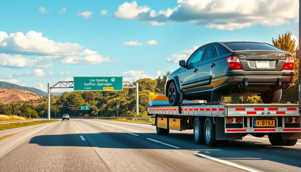 A reliable car shipping scene featuring a well-maintained, modern vehicle secured on a flatbed truck. In the foreground, the truck is positioned prominently, showcasing its sturdy design and professional branding. In the middle ground, a scenic highway stretches out, with signs indicating the route from Sulphur Springs to Los Angeles, flanked by lush trees and hills. The background of the image reveals a bright blue sky with fluffy clouds, symbolizing a clear, optimistic journey. The lighting is warm and inviting, creating a sense of trust and dependability. The mood is calm and professional, emphasizing the efficient and reliable nature of the car shipping service. No human subjects are present in the image, ensuring a focus on the vehicles and landscape.
