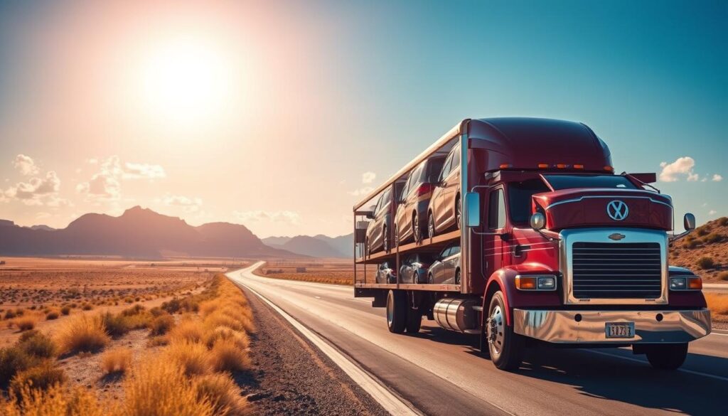 A reliable car shipping scene featuring a well-maintained transport truck loaded with several cars, driving along a sunlit highway that connects Eagle Pass to Los Angeles. In the foreground, a Texas landscape with open fields and a few rugged mountains on the horizon. The middle ground showcases the truck, polished and professional-looking, with bright colors reflecting the vibrant skies. In the background, a clear blue sky with soft, fluffy clouds, enhancing the sense of reliability and safe travel. The lighting is bright and cheerful, suggesting a warm, sunny day. The mood is optimistic and trustworthy, ideal for illustrating dependable car shipping options. A reliable car shipping scene featuring a well-maintained transport truck loaded with several cars, driving along a sunlit highway that connects Eagle Pass to Los Angeles. In the foreground, a Texas landscape with open fields and a few rugged mountains on the horizon. The middle ground showcases the truck, polished and professional-looking, with bright colors reflecting the vibrant skies. In the background, a clear blue sky with soft, fluffy clouds, enhancing the sense of reliability and safe travel. The lighting is bright and cheerful, suggesting a warm, sunny day. The mood is optimistic and trustworthy, ideal for illustrating dependable car shipping options.