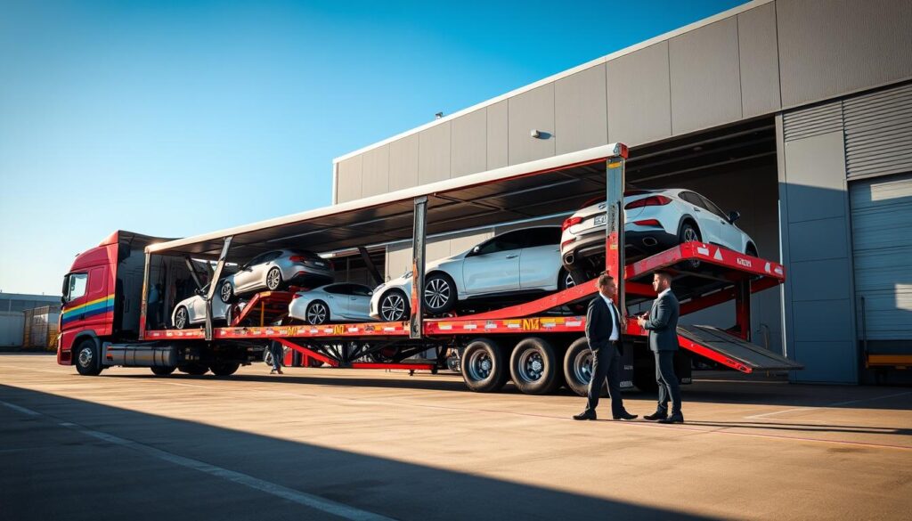 A reliable car shipping scene showcasing a modern car transport truck loaded with vehicles, parked in a well-lit, organized shipping yard. In the foreground, the truck displays vibrant colors, with various car models securely fastened, reflecting a sense of safety and professionalism. The middle ground includes a couple of employees in professional business attire inspecting the shipment procedures, highlighting diligence and care. In the background, a clear blue sky contrasts with the streamlined architecture of a shipping facility, giving a sense of efficiency and trust. The lighting is bright and inviting, creating a positive atmosphere. The image captures a moment in the transportation process, emphasizing reliability and affordability in car shipping from Euless, TX to Los Angeles. A reliable car shipping scene showcasing a modern car transport truck loaded with vehicles, parked in a well-lit, organized shipping yard. In the foreground, the truck displays vibrant colors, with various car models securely fastened, reflecting a sense of safety and professionalism. The middle ground includes a couple of employees in professional business attire inspecting the shipment procedures, highlighting diligence and care. In the background, a clear blue sky contrasts with the streamlined architecture of a shipping facility, giving a sense of efficiency and trust. The lighting is bright and inviting, creating a positive atmosphere. The image captures a moment in the transportation process, emphasizing reliability and affordability in car shipping from Euless, TX to Los Angeles.