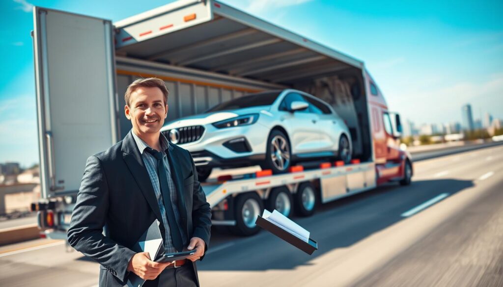 A reliable car shipping service scene featuring a pristine vehicle being loaded onto a modern car transport truck. In the foreground, show a professionally dressed logistics coordinator overseeing the process, with a clipboard in hand, exuding confidence and professionalism. The middle ground showcases the car hauler with vehicles securely strapped down, emphasizing safety and care. The background includes a clear blue sky and distant city skyline, representing the journey from Baytown to Los Angeles. Soft sunlight bathes the scene, creating a bright, optimistic atmosphere. The angle is slightly elevated to capture both the truck and the surrounding environment, illustrating movement and professionalism in car shipping services.