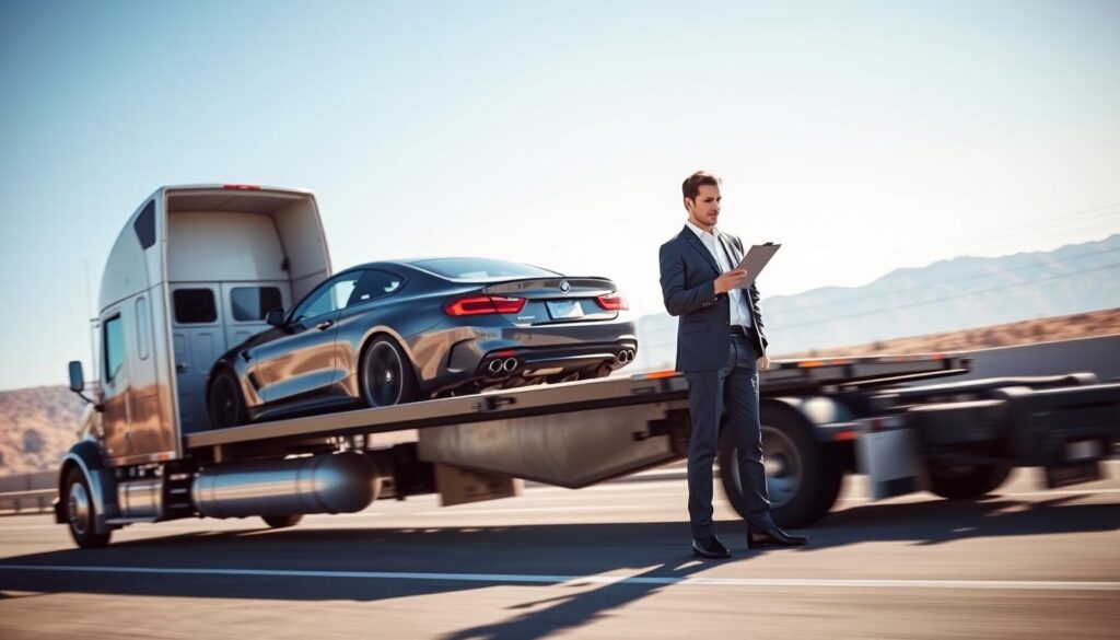 A reliable car transport service is depicted in a bustling scene. In the foreground, a sleek, well-maintained truck with an open car trailer carries a stylish sedan, showcasing professionalism in vehicle shipping. The middle ground features a service representative in business attire, inspecting the vehicle with a clipboard, exuding trust and efficiency. The background shows a clear blue sky and distant mountains, symbolizing the journey from Coppell, TX to Los Angeles. The lighting is bright and natural, highlighting the vehicle's details, while the angle captures a dynamic view of the truck in motion. The overall atmosphere conveys reliability and professionalism, perfect for illustrating dependable car shipping services. A reliable car transport service is depicted in a bustling scene. In the foreground, a sleek, well-maintained truck with an open car trailer carries a stylish sedan, showcasing professionalism in vehicle shipping. The middle ground features a service representative in business attire, inspecting the vehicle with a clipboard, exuding trust and efficiency. The background shows a clear blue sky and distant mountains, symbolizing the journey from Coppell, TX to Los Angeles. The lighting is bright and natural, highlighting the vehicle's details, while the angle captures a dynamic view of the truck in motion. The overall atmosphere conveys reliability and professionalism, perfect for illustrating dependable car shipping services.