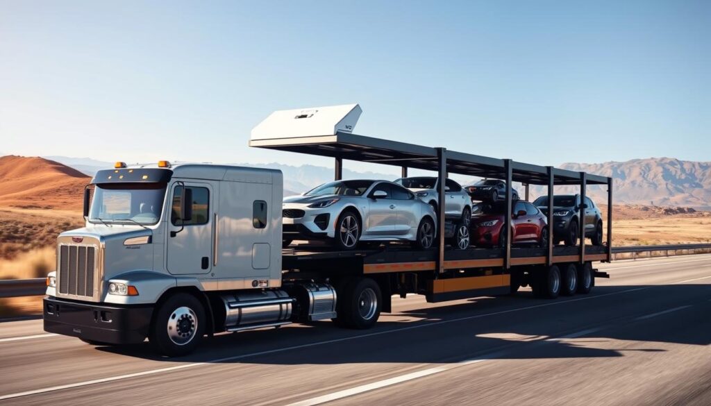 A reliable vehicle transport scene depicting a sleek, modern car carrier truck loaded with vehicles, parked on an open highway under bright blue skies. In the foreground, the truck is sharply detailed, showcasing its sturdy construction and secure cargo area. The middle layer features a well-maintained and diverse assortment of cars, highlighting their protection during transport. In the background, rolling hills and distant mountains create a picturesque landscape, symbolizing the long journey from Rowlett, TX to Los Angeles. The lighting is bright and natural, casting soft shadows that enhance the scene's realism. The overall mood conveys assurance and professionalism, emphasizing the safe and efficient movement of automobiles. No people are present in the image.