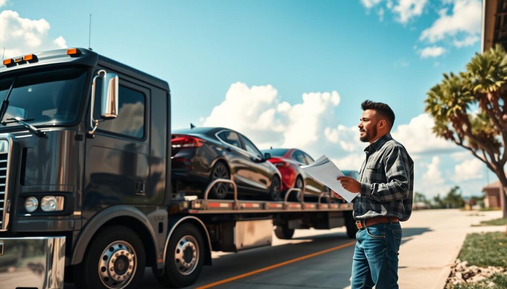 A reliable vehicle transport scene showcasing a well-maintained car carrier truck loaded with vehicles, parked at a loading dock in Sherman, TX, ready for its journey to Los Angeles. In the foreground, focus on a friendly, professional transporter in modest casual clothing, engaging with a client while checking paperwork, creating a sense of trust and warmth. The middle ground features the truck with shiny, colorful cars secured in place, highlighting the careful handling of vehicles. The background includes a bright blue sky with fluffy clouds, and elements of a suburban landscape to indicate the location. The lighting is soft and natural, evoking a friendly atmosphere. Capture the scene with a slight upward angle to emphasize the height of the truck, adding depth and perspective to the image.